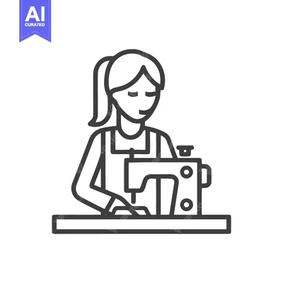 Aset premium populer: Clean Line Art Icon: Woman Sewing on Machine, Symbolizing Tailoring an