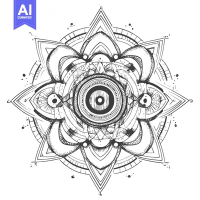 A black and white hand-drawn mandala with a central eye surrounded by
