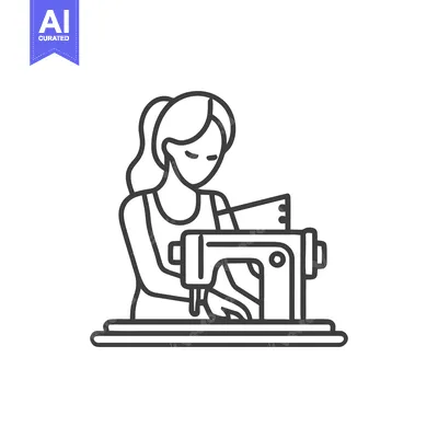 Aset premium populer: Minimalist Line Art Icon: Woman Engaged in Sewing with Machine, Repres
