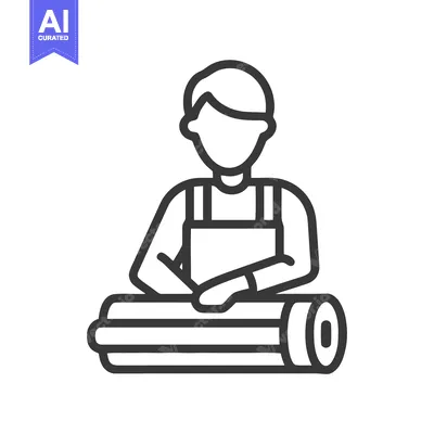Line Art Icon: Person with Rolled Carpet or Fabric, Home Renovation Wo