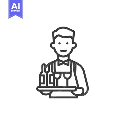 Aset desain premium: Clean Line Art Icon of Smiling Waiter Serving Wine and Glasses on Tray