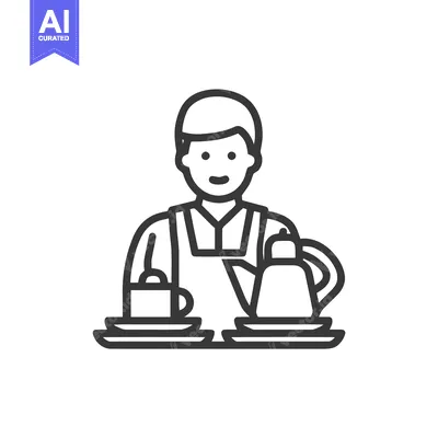 Smiling Barista Serving Coffee Tea Icon - Modern Line Art for Cafe Ser
