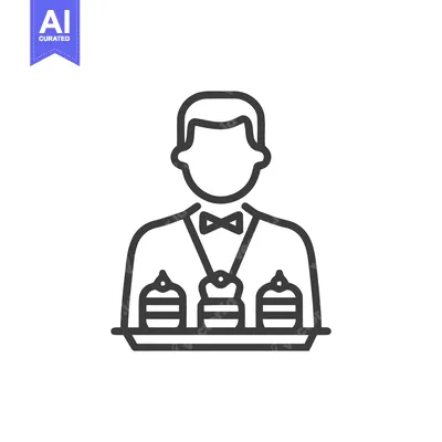 Professional Waiter Line Icon with Medal Serving a Tray of Gourmet Des