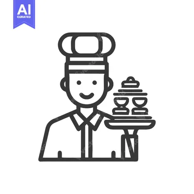 Premium design asset: Smiling Chef or Waiter Line Icon Holding Tray with Desserts