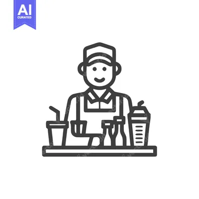 Smiling Barista or Server Icon with Assorted Drinks on Counter, Minima