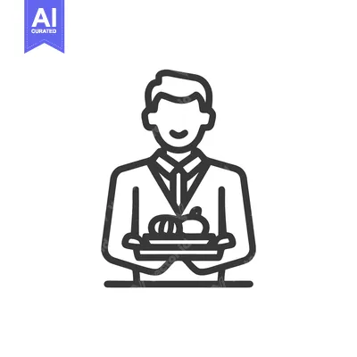 Premium design asset: Smiling Service Professional Icon Holding Tray with Food in Clean Outl