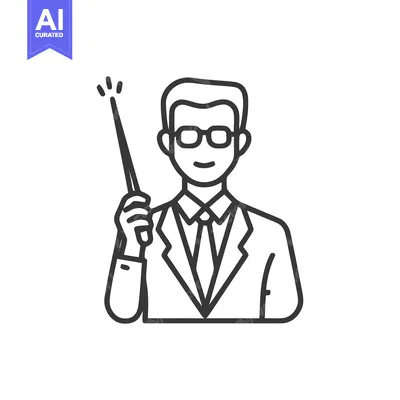 Premium design asset: Smiling Male Teacher or Presenter Icon with Pointer, Clean Line Art St