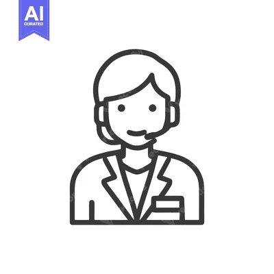 Aset desain premium: Smiling Customer Service Agent Icon with Headset, Minimalist Line Art
