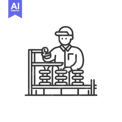 Premium design asset: Factory Operator at Machine with Mechanical Parts, Outline Vector Icon