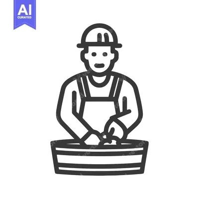 Bold Outline Icon of a Construction Worker Mixing Cement in a Basin