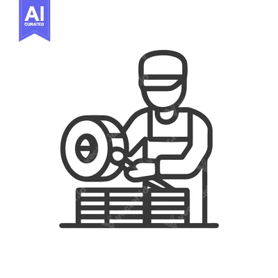 Aset desain premium: Monochrome Line Icon of an Industrial Worker with Protective Gear Poli