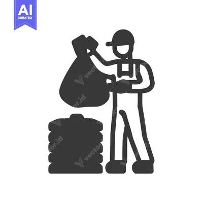 Aset premium populer: Monochrome Glyph of a Sanitation Worker Stacking Trash Bags
