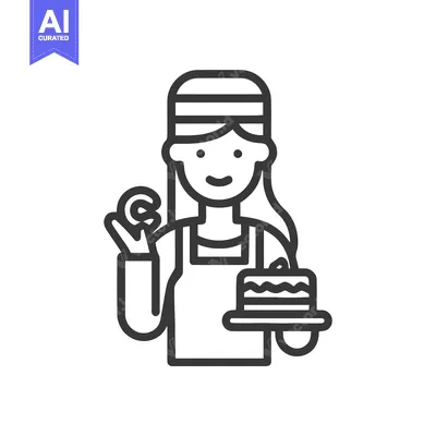 Aset desain premium: Friendly Baker Woman Presents a Perfect Cake with an OK Gesture Line A