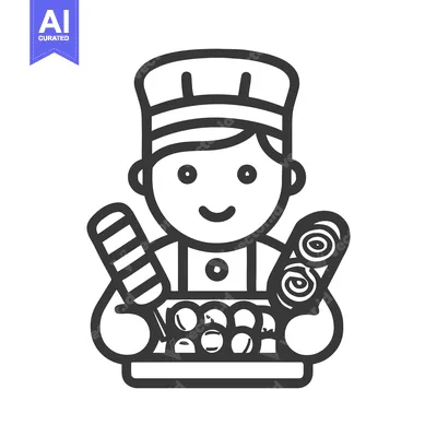 Cheerful Chef Line Art Icon Holding a Tray of Takoyaki and Rolled Past