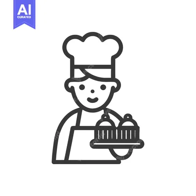 Friendly Pastry Chef Serving Cupcakes, Minimalist Line Art Icon