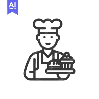 Smiling Pastry Chef with Toque Hat Holding a Dessert Tray Line Icon