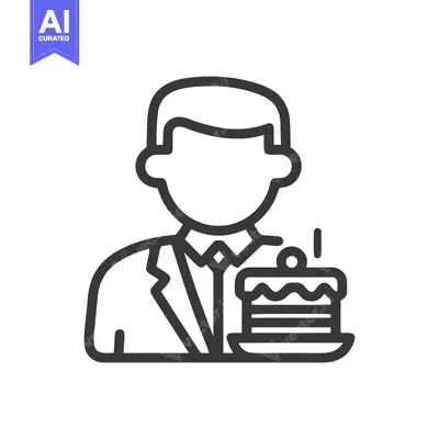 Aset desain premium: Elegant Line Icon of a Man in a Suit Holding a Celebratory Cake Slice