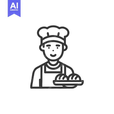 Happy Baker with Toque and Apron Holding Fresh Buns, Line Art Icon