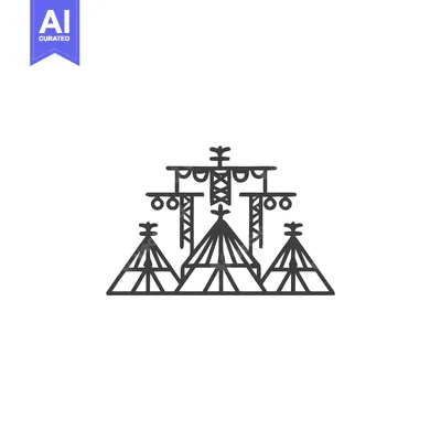 Stylized Teepee Village with Ceremonial Rack Line Art Icon