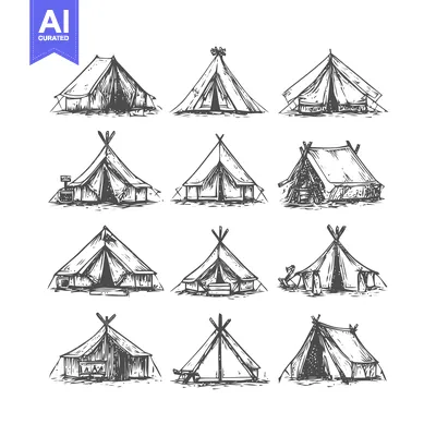 Hand-Drawn Camping Tent Collection in a Rustic, Engraved Sketch Style