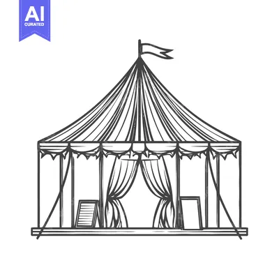 Hand-Sketched Big Top Pavilion with Parted Drapes and a Waving Flag