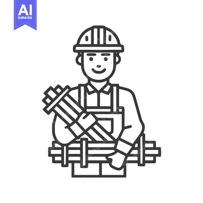 Friendly Construction Worker Carrying Pipes, Minimalist Line Art Icon