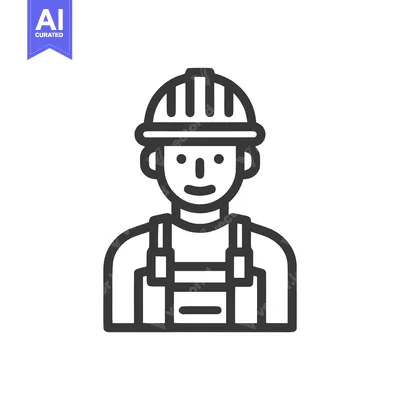 Aset desain premium: Minimalist Line Icon of a Friendly Construction Worker in a Hard Hat