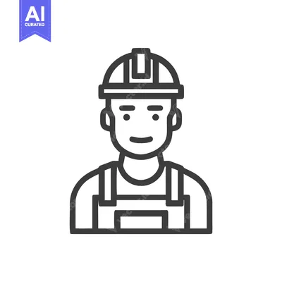 Aset premium populer: Modern Outline Icon of a Smiling Builder in Hard Hat and Overalls