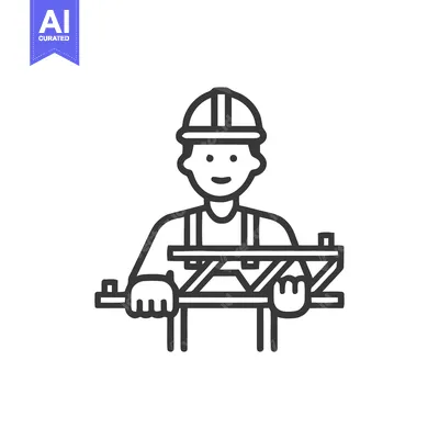 Premium design asset: Friendly Construction Worker Holding a Truss Beam, Minimalist Line Art