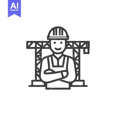 Aset desain premium: Confident Construction Worker Line Icon with Arms Crossed and Crane Ba