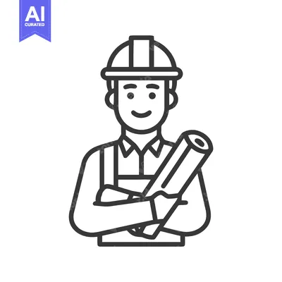 Popular premium asset: Confident Engineer in Hard Hat Holding Blueprints, Minimalist Line Art