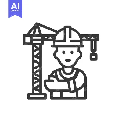 Minimalist Line Icon of a Builder with a Construction Crane