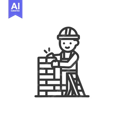 Happy Bricklayer at Work, Minimalist Line Art Icon of Wall Constructio