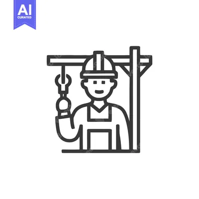 Aset desain premium: Friendly Industrial Worker with Hard Hat and Wrench Line Art Icon