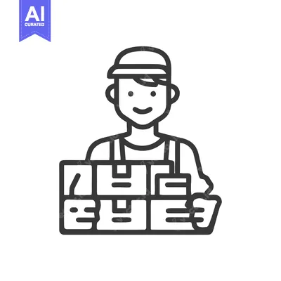 Smiling Delivery Man Holding Stacked Parcels, Minimalist Line Art Icon