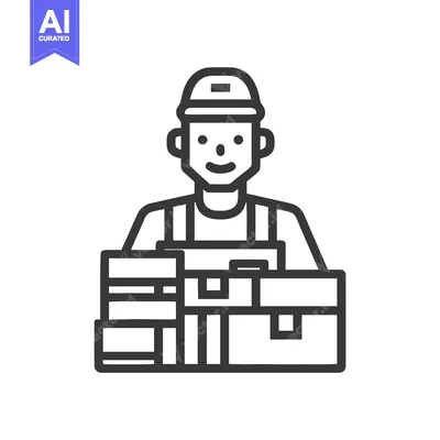 Friendly Logistics Worker with Stacked Parcels, Minimalist Line Art Ic