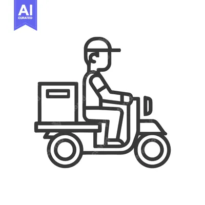 Aset desain premium: Courier on Scooter with Cargo Box: A Modern Line Art Icon