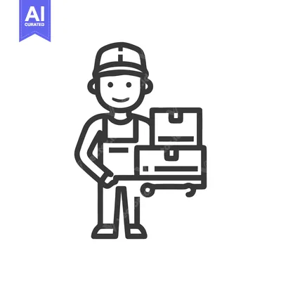 Smiling Delivery Man with Stacked Parcels on a Hand Truck Line Art Ico