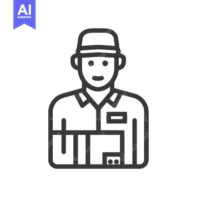 Aset premium populer: Friendly Courier in Uniform Holding a Parcel, Minimalist Line Art Icon