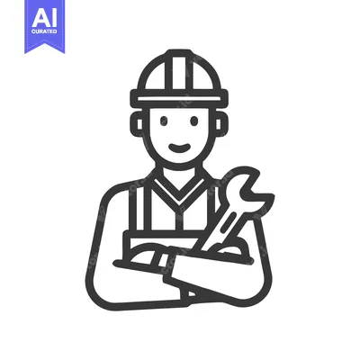 Aset desain premium: Friendly worker in hard hat with wrench, minimalist professional servi