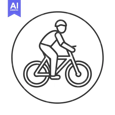 Sleek monochrome line art icon of a cyclist in a circular emblem.