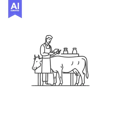 Dairy Quality Control: Farmer with Clipboard Inspects Cow and Milk Lin