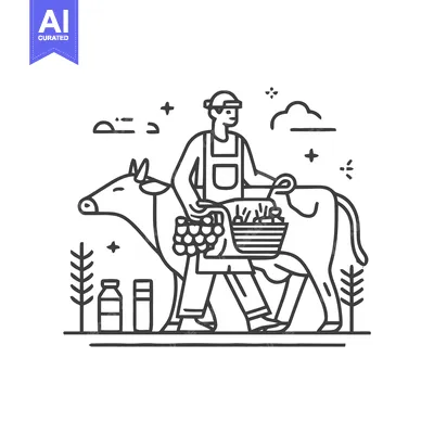 Modern Line Art of a Farmer Walking with a Cow and Harvest Baskets