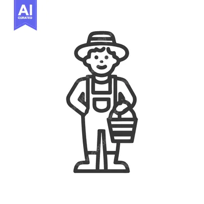 Aset desain premium: Friendly Farmer in Overalls Holding Harvest Basket Line Icon
