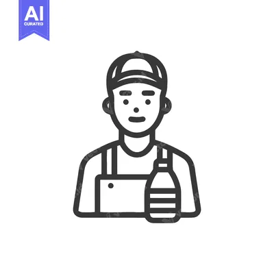 Aset desain premium: Monochrome Line Art Icon of a Service Worker in a Cap and Apron with a