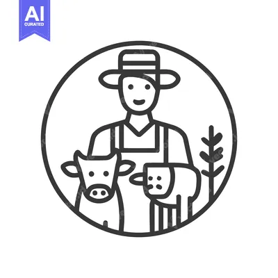 Friendly Farmer with Cow and Sheep in a Minimalist Circular Line Art I