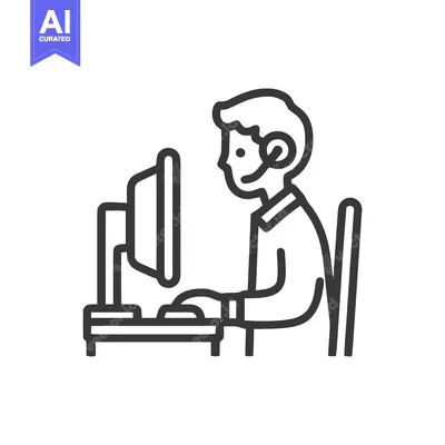 Focused Operator with Headset at Computer Workstation, Clean Line Icon