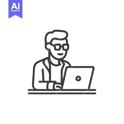 Aset premium populer: Focused Male Character with Glasses Working on Computer, Line Art Icon