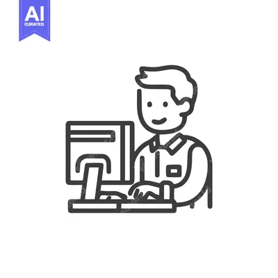 Smiling Employee at Computer Desk, Minimalist Outline Vector Icon for