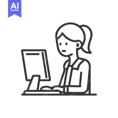 Minimalist line icon of a woman with a ponytail working on a desktop c